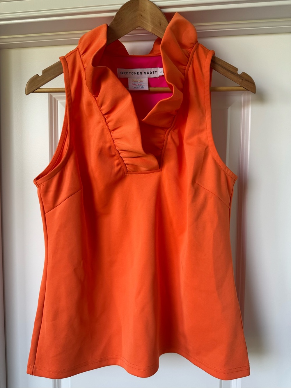 Gretchen Scott Large Orange Ruffle Neck Sleeveless Top Tunic
